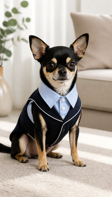 LuluPengu clothing gallery scene GPT replacement: navy-stripe-pet-suit: 场景图1.png