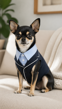 LuluPengu clothing gallery scene GPT replacement: navy-stripe-pet-suit: 场景图2.png
