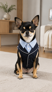 LuluPengu clothing gallery scene GPT replacement: navy-stripe-pet-suit: 场景图3.png