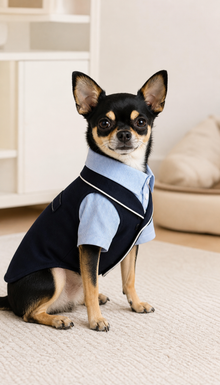LuluPengu clothing gallery scene GPT replacement: navy-stripe-pet-suit: 场景图4.png