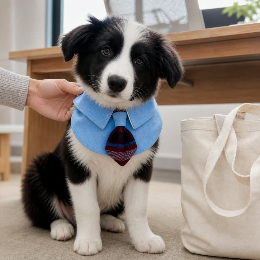 Border collie puppy wearing the Academy Blue Shirt Pet Bib in a home office