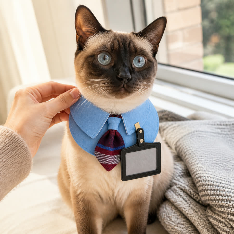 Siamese cat wearing the Academy Blue Shirt Pet Bib by a window