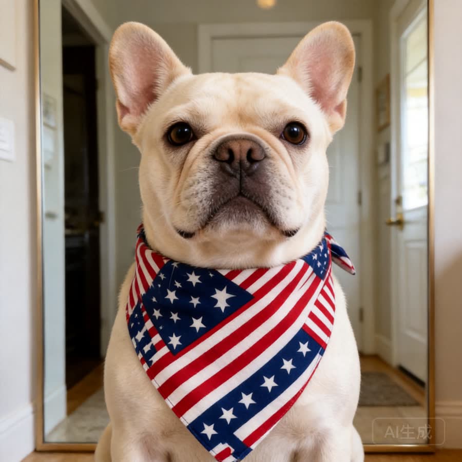 cream French bulldog with American Flag Pet Bandana in a apartment entryway mirror