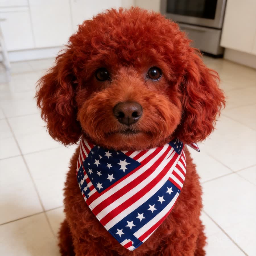 red mini poodle with American Flag Pet Bandana in a bright kitchen floor