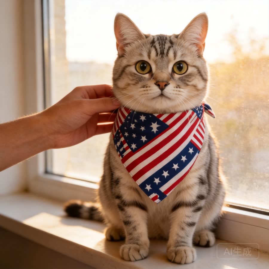 silver tabby cat with American Flag Pet Bandana in a window ledge with afternoon light