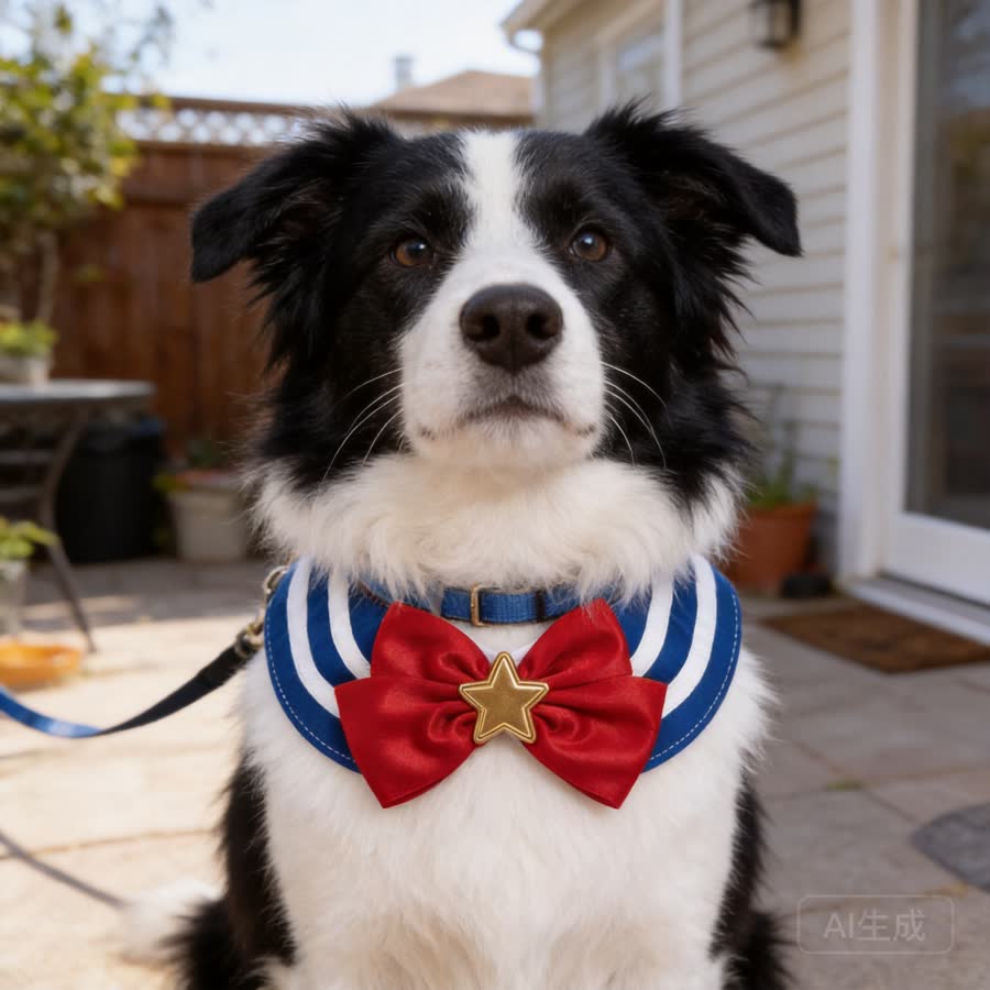 black-and-white border collie with Bowknot Pet Bib in a back patio after a walk
