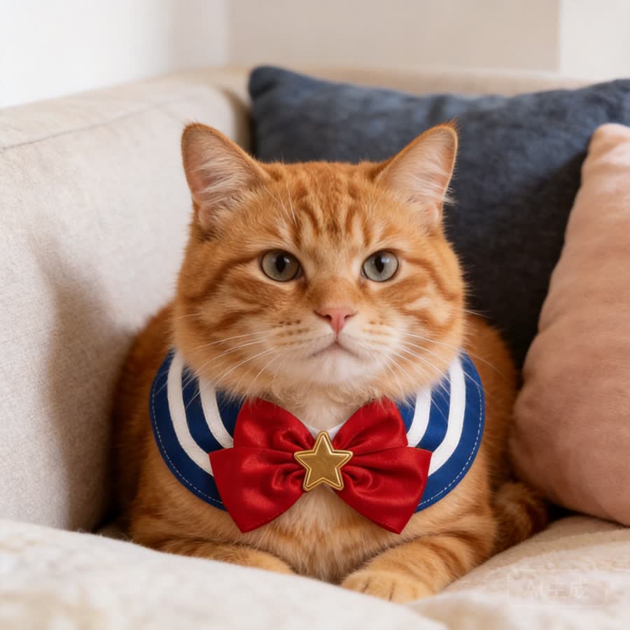 orange tabby cat with Bowknot Pet Bib in a cozy sofa corner