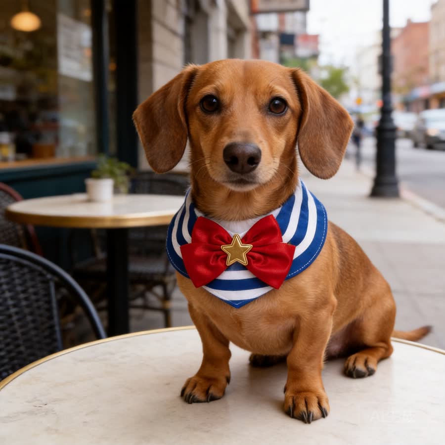 small tan dachshund with Bowknot Pet Bib in a sidewalk cafe table