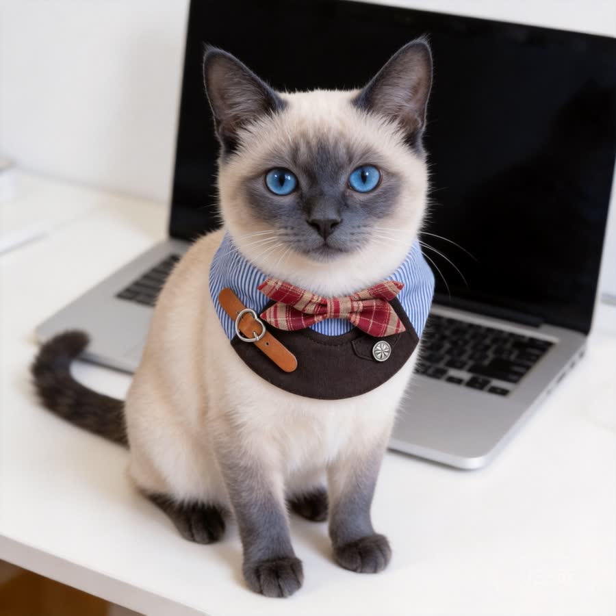 blue point Siamese cat with British Bowknot Pet Bib in a clean desk beside a laptop