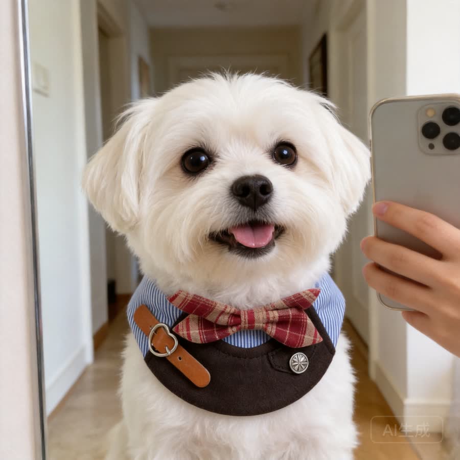 fluffy white Maltese with British Bowknot Pet Bib in a hallway mirror selfie setup
