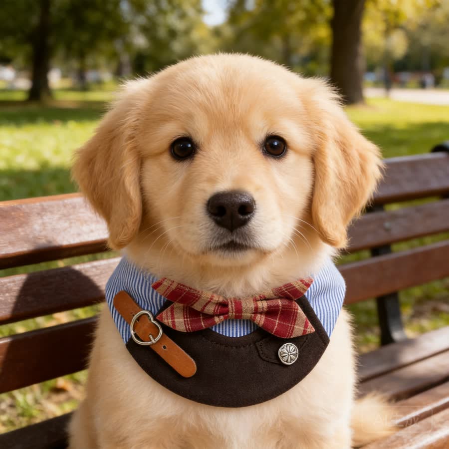 golden retriever puppy with British Bowknot Pet Bib in a sunny park bench