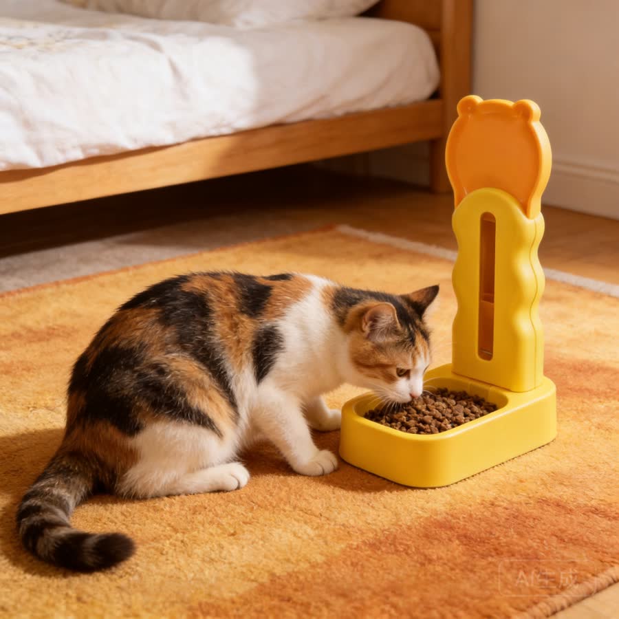 calico cat with Cat Treat Feeder in a warm bedroom rug