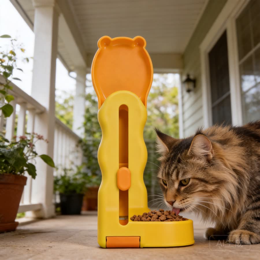 Maine Coon cat with Cat Treat Feeder in a covered porch with plants