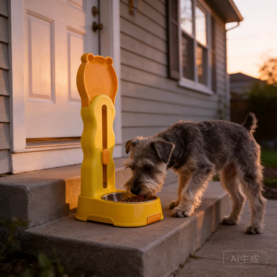mini schnauzer with Cat Treat Feeder in a front step in soft evening light