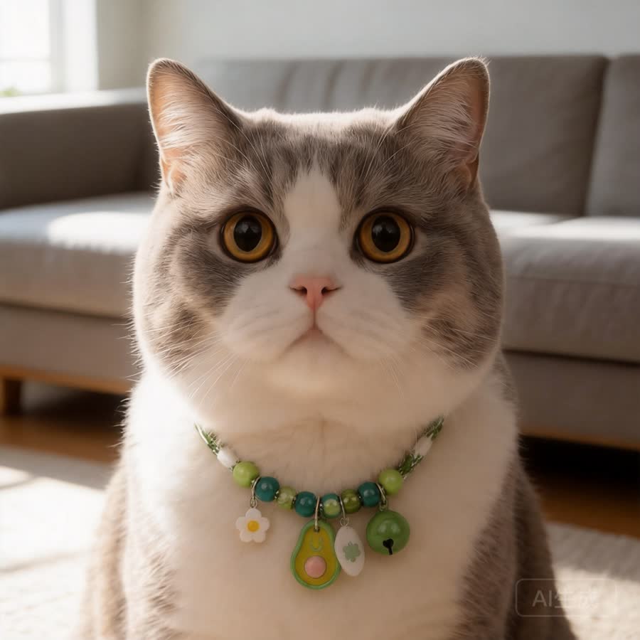 British shorthair cat with Colorful Pet Collar in a low sofa in natural light