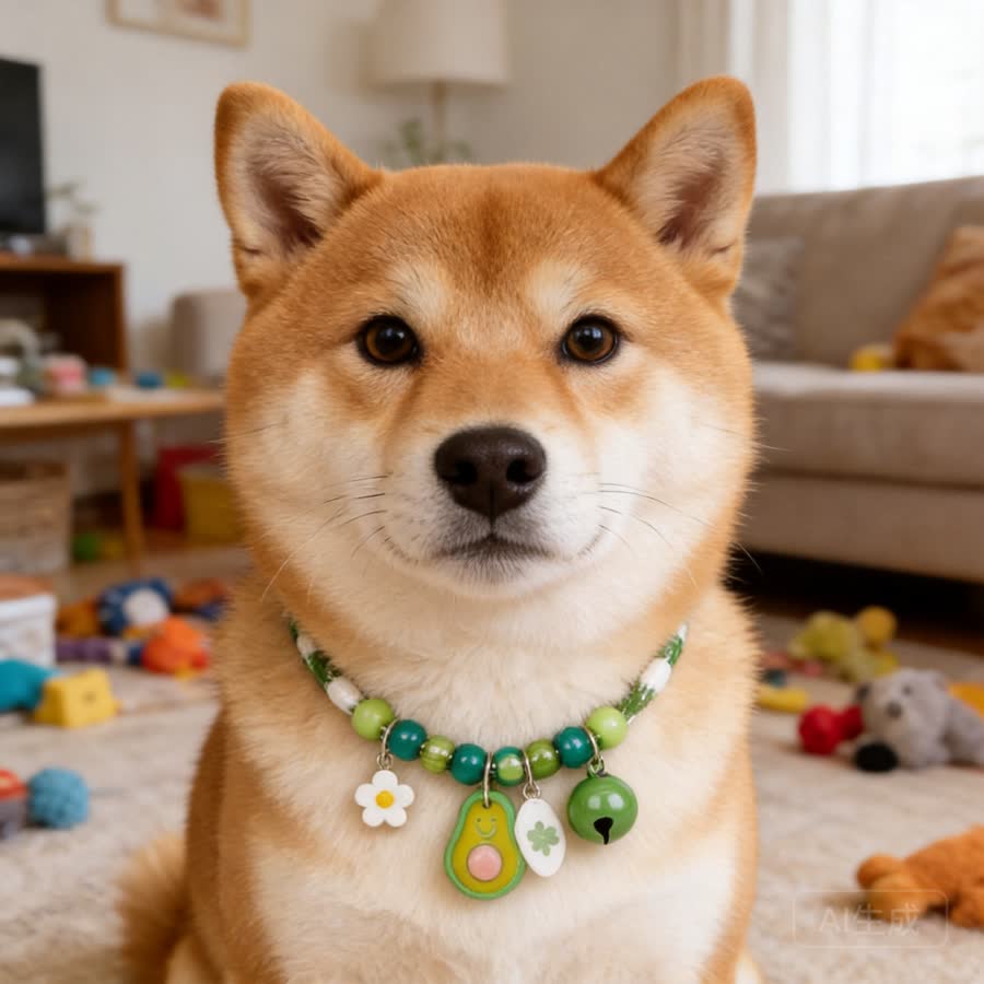 Shiba Inu with Colorful Pet Collar in a living room with toys in the background