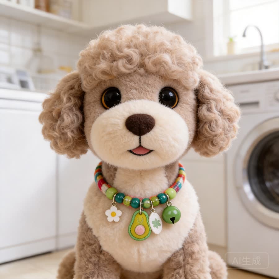 toy poodle with Colorful Pet Collar in a bright laundry room