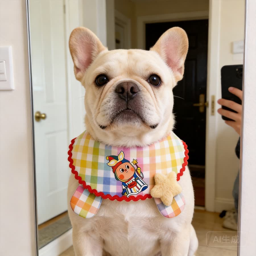 cream French bulldog with Colorful Plaid Star Pet Bib in a apartment entryway mirror