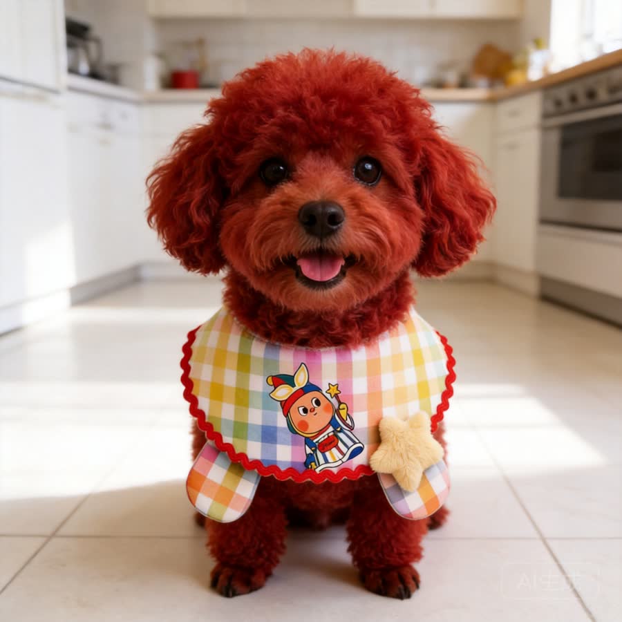 red mini poodle with Colorful Plaid Star Pet Bib in a bright kitchen floor