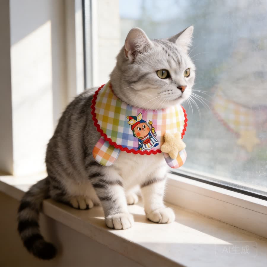 silver tabby cat with Colorful Plaid Star Pet Bib in a window ledge with afternoon light