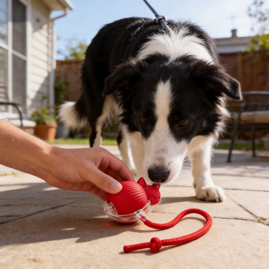 black-and-white border collie with Electric Kitten Toy in a back patio after a walk