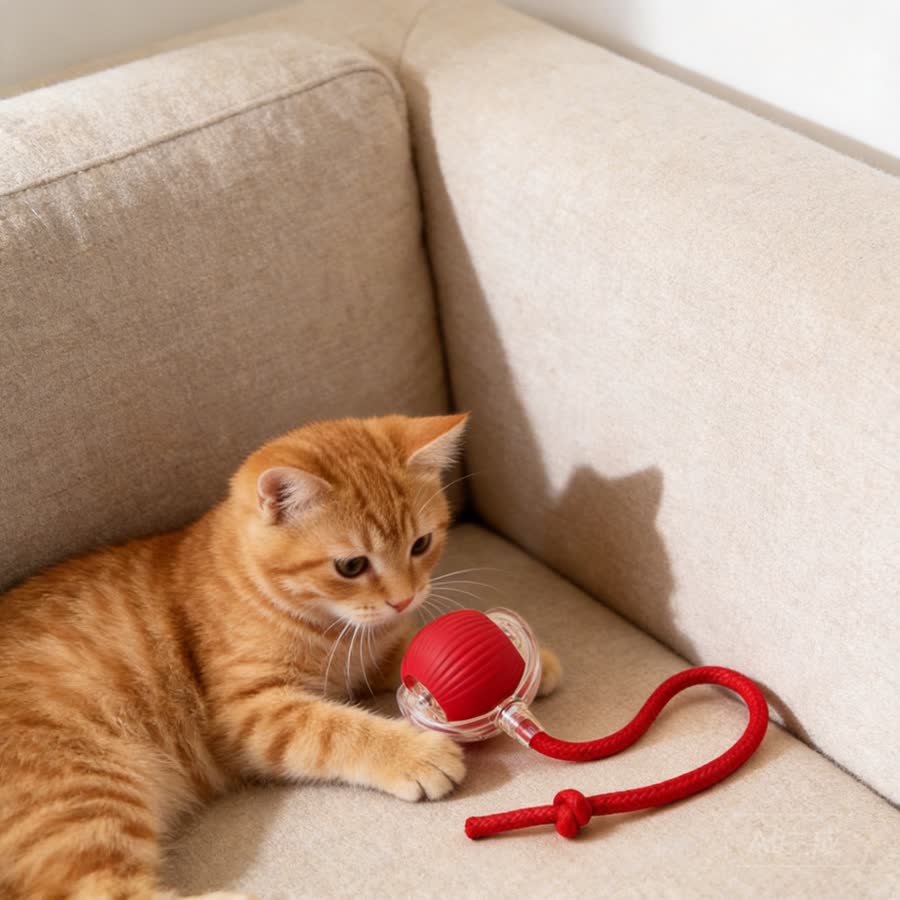 orange tabby cat with Electric Kitten Toy in a cozy sofa corner
