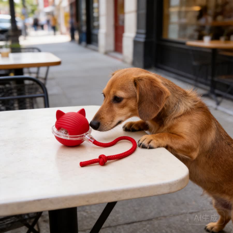small tan dachshund with Electric Kitten Toy in a sidewalk cafe table