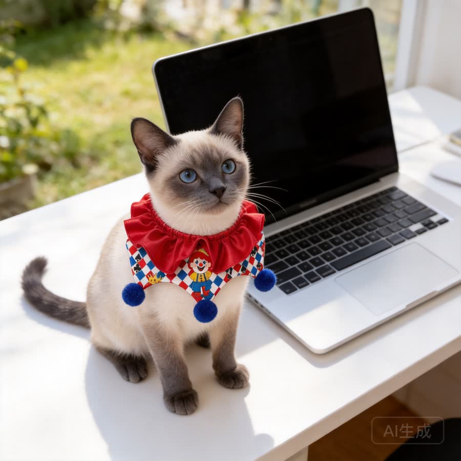 blue point Siamese cat with Joker Pet Bib in a clean desk beside a laptop