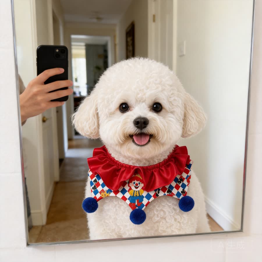 fluffy white Maltese with Joker Pet Bib in a hallway mirror selfie setup