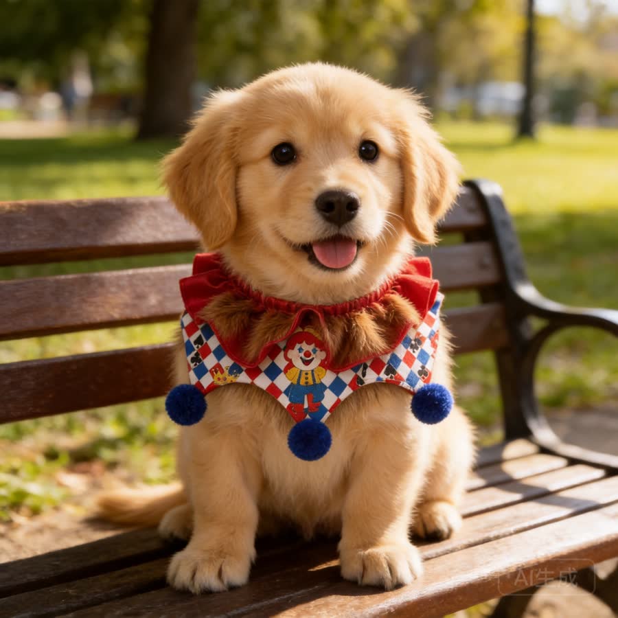 golden retriever puppy with Joker Pet Bib in a sunny park bench