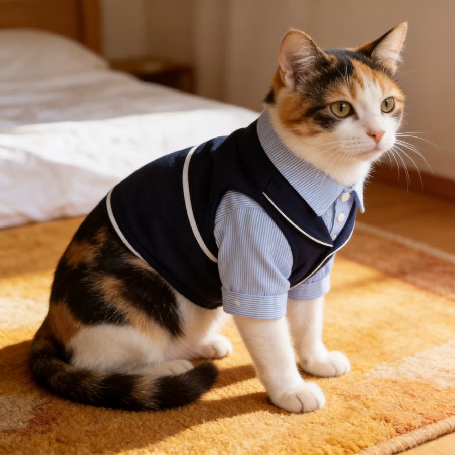 calico cat with Navy Stripe Pet Suit in a warm bedroom rug