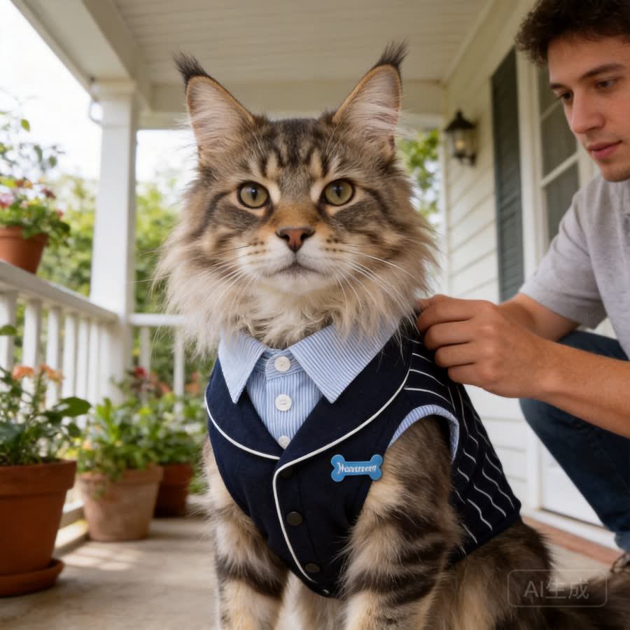Maine Coon cat with Navy Stripe Pet Suit in a covered porch with plants