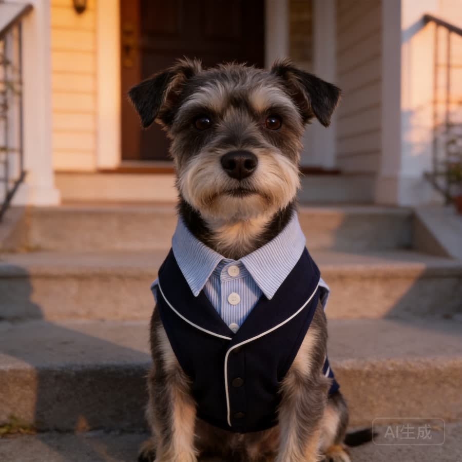 mini schnauzer with Navy Stripe Pet Suit in a front step in soft evening light