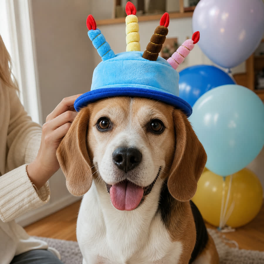 Beagle wearing the Pet Birthday Hat with balloons