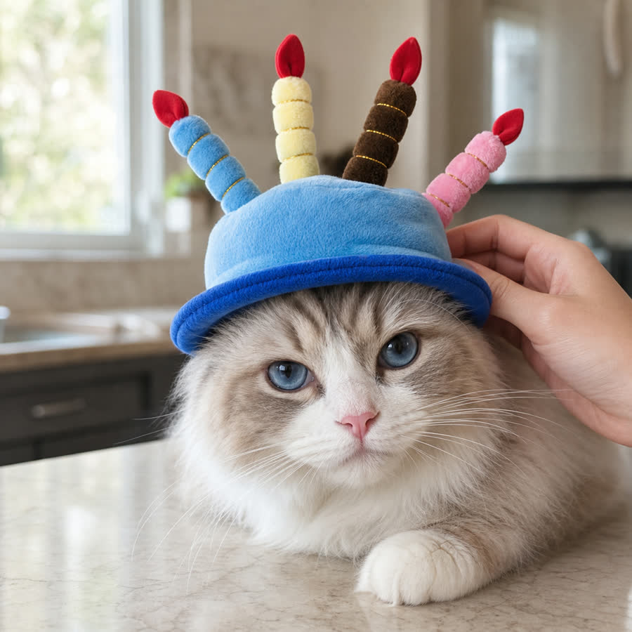 Ragdoll cat wearing the Pet Birthday Hat by a table