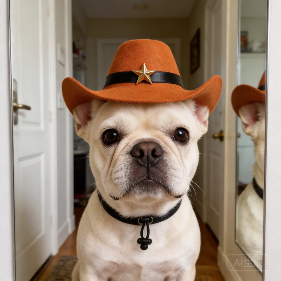 cream French bulldog with Pet Cowboy Hat - Bundle Add-On in a apartment entryway mirror