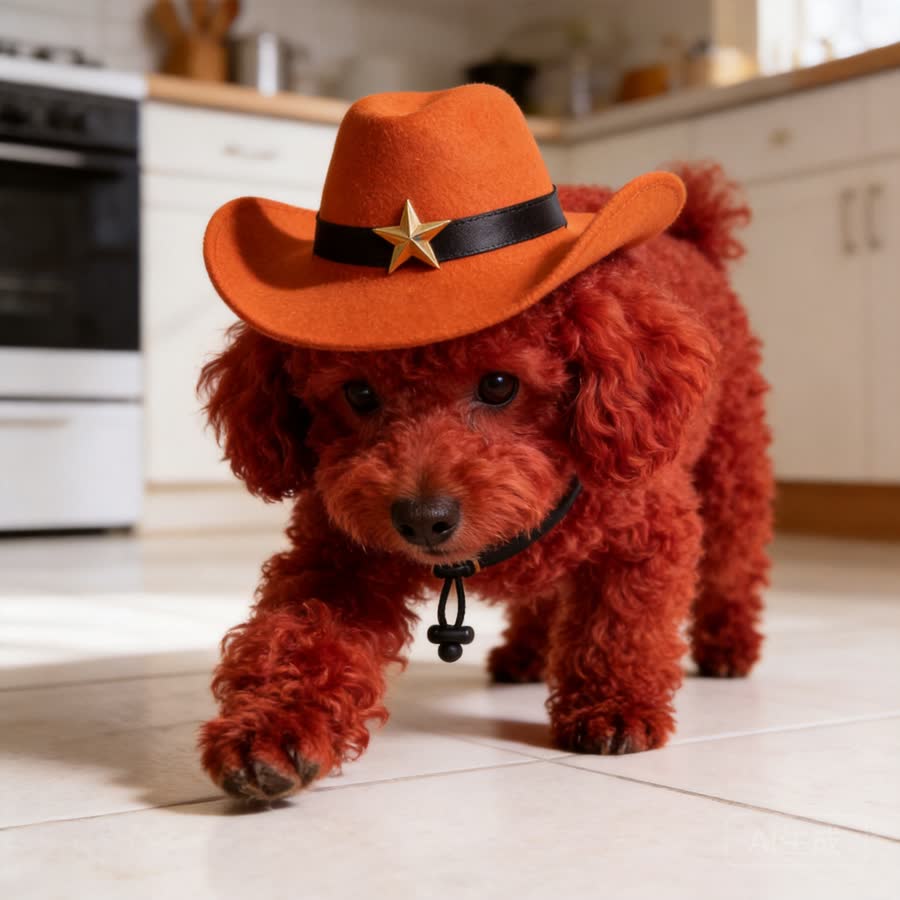 red mini poodle with Pet Cowboy Hat - Bundle Add-On in a bright kitchen floor