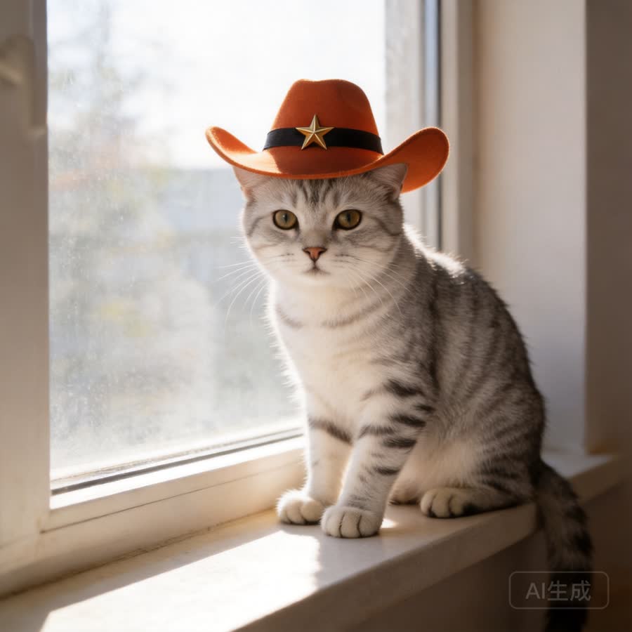 silver tabby cat with Pet Cowboy Hat - Bundle Add-On in a window ledge with afternoon light