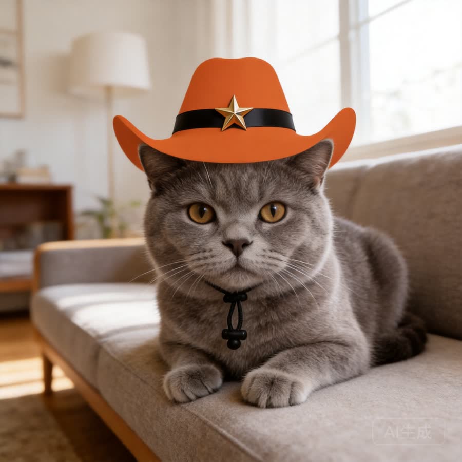 British shorthair cat with Pet Cowboy Hat in a low sofa in natural light
