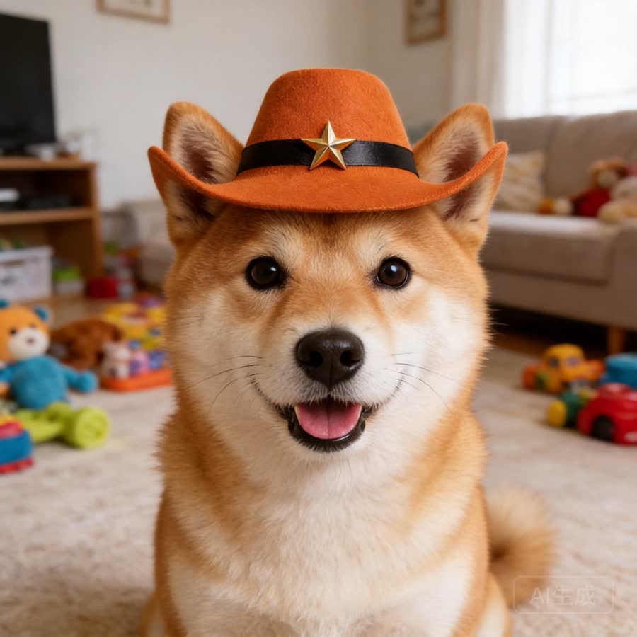 Shiba Inu with Pet Cowboy Hat in a living room with toys in the background