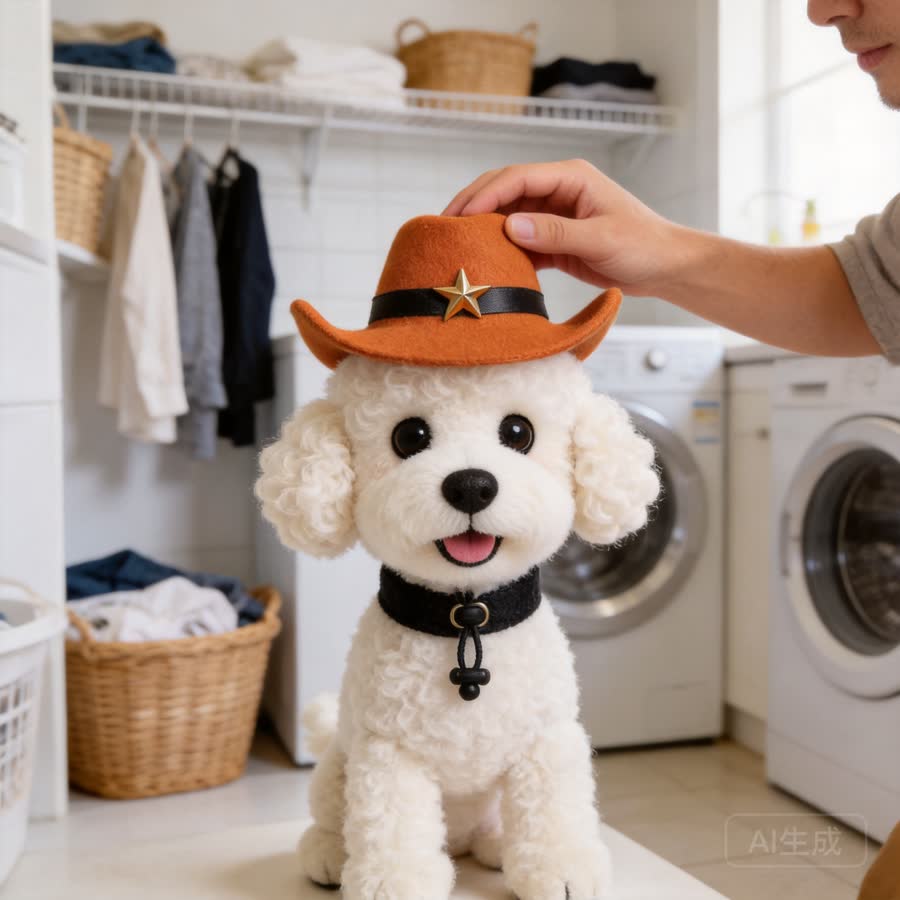toy poodle with Pet Cowboy Hat in a bright laundry room