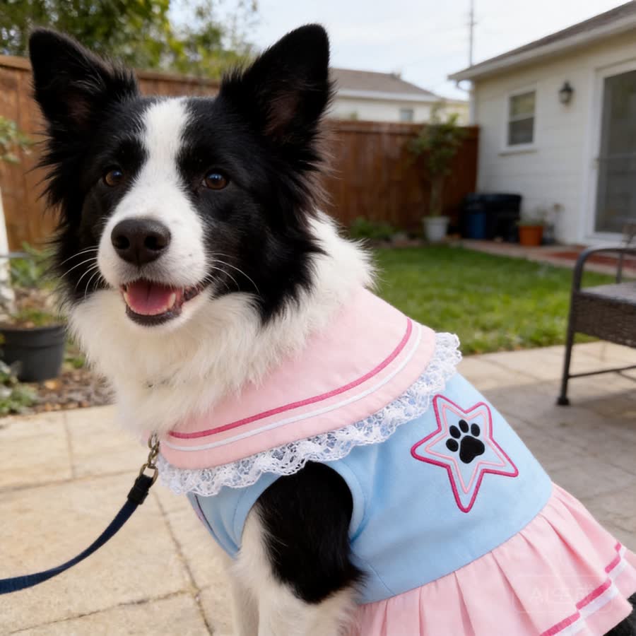 black-and-white border collie with Pet Sailor Outfit in a back patio after a walk