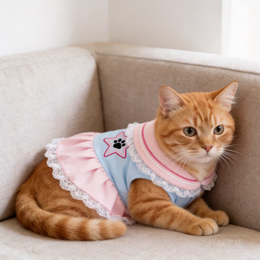 orange tabby cat with Pet Sailor Outfit in a cozy sofa corner