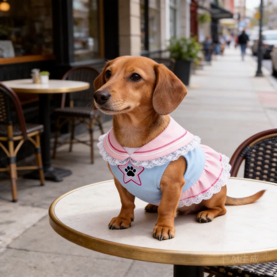 small tan dachshund with Pet Sailor Outfit in a sidewalk cafe table