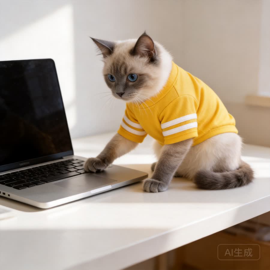 blue point Siamese cat with Pet Sport Outfit in a clean desk beside a laptop