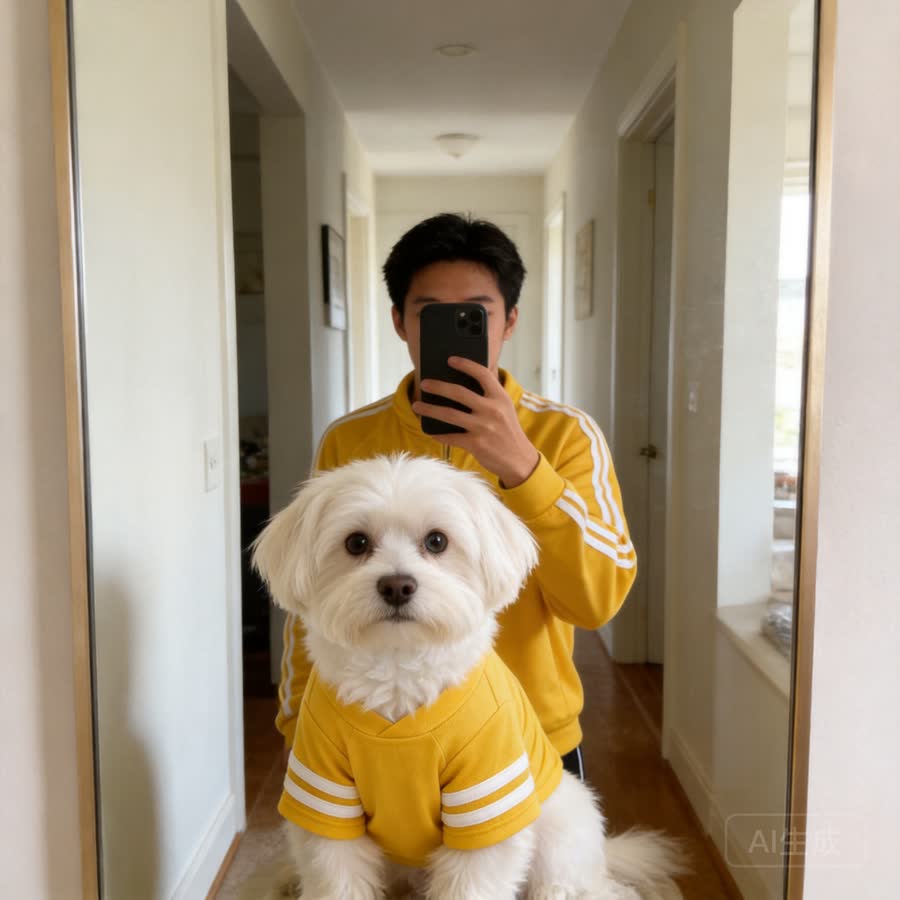 fluffy white Maltese with Pet Sport Outfit in a hallway mirror selfie setup