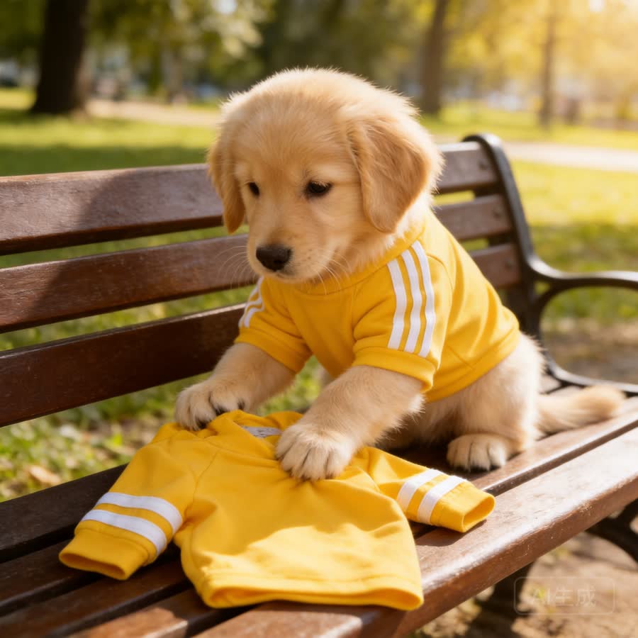 golden retriever puppy with Pet Sport Outfit in a sunny park bench