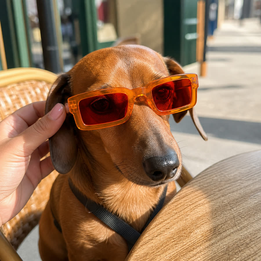 Dachshund wearing orange pet sunglasses at an outdoor cafe