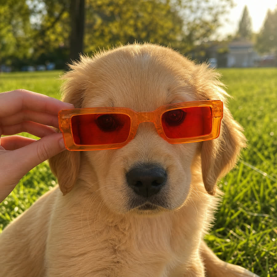 Golden retriever puppy wearing pet sunglasses in a park