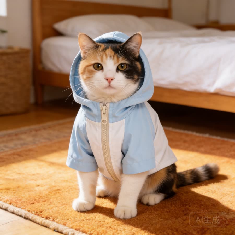 calico cat with Pet Windbreaker Jacket in a warm bedroom rug